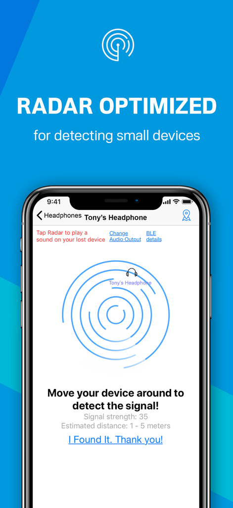 Find My Phone & Device - Pantalla de iPhone mostrando una interfaz de radar Bluetooth para localizar un auricular perdido con estimación de intensidad de señal y distancia