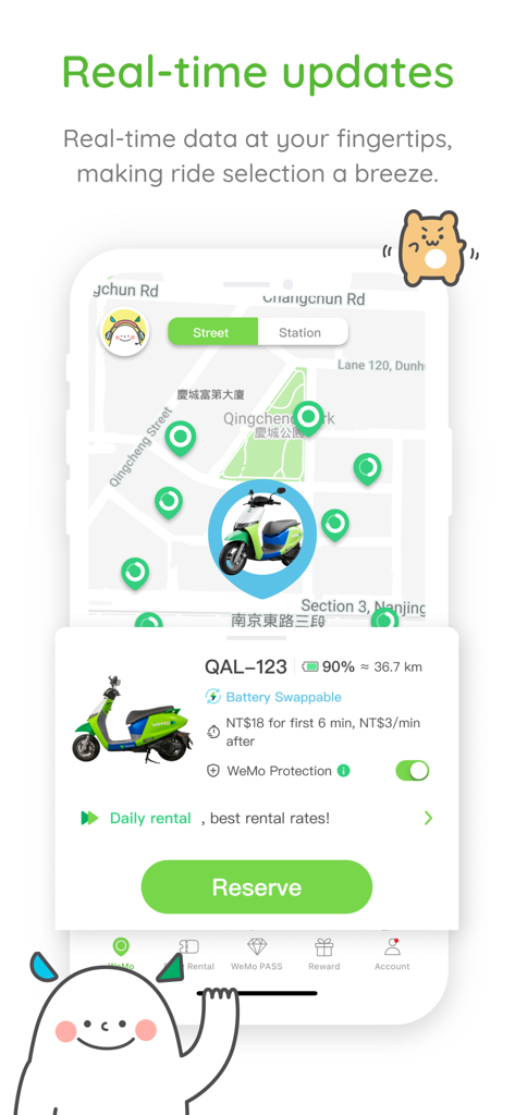 A mobile phone displaying the WeMo Scooter app map with nearby electric scooters and a reservation detail card.