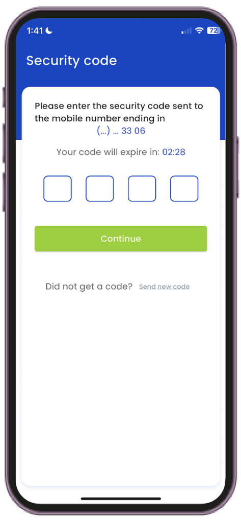 Maxi Money Status app security code entry screen for user verification