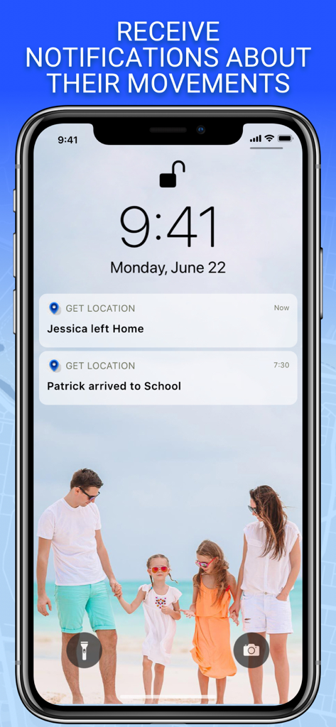 Tela de bloqueio do iPhone mostrando notificações de movimento do aplicativo Get Location, como Jéssica saiu de casa e Patrick chegou à escola