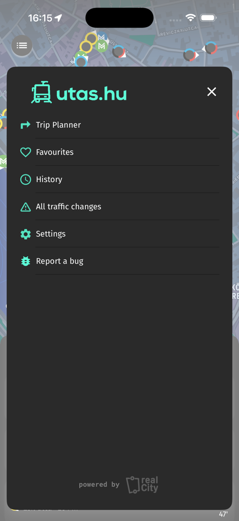 utas.hu - Main navigation menu of the utas.hu app for Hungarian public transport