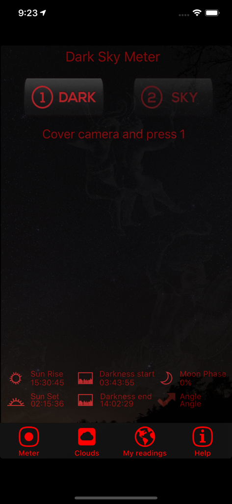 Interfaz de la aplicación Dark Sky Meter mostrando pasos de calibración y datos astronómicos en modo de visión nocturna roja