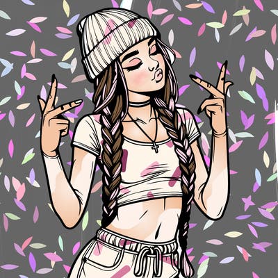 realistic teenage girl with braids and a beanie and crop top doing 🫶🏼