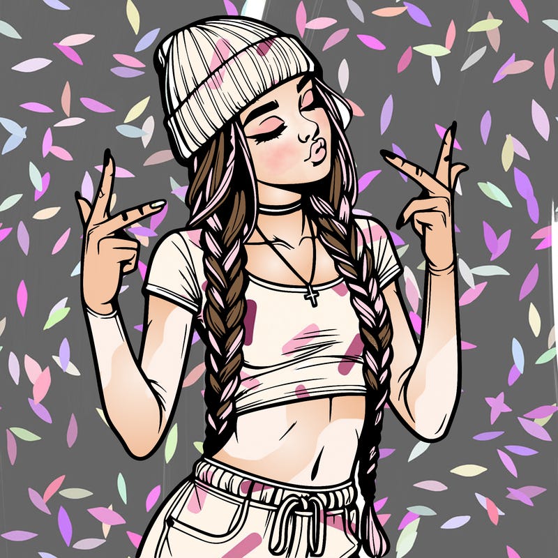 realistic teenage girl with braids and a beanie and crop top doing 🫶🏼