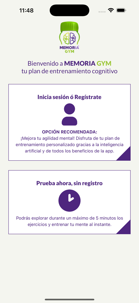 MemorIA GYM - Welcome screen of MemorIA GYM app featuring login, registration, and a free trial option for cognitive brain training.