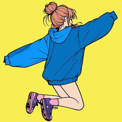 realistic girl jumping with a bun and oversized sweatshirt