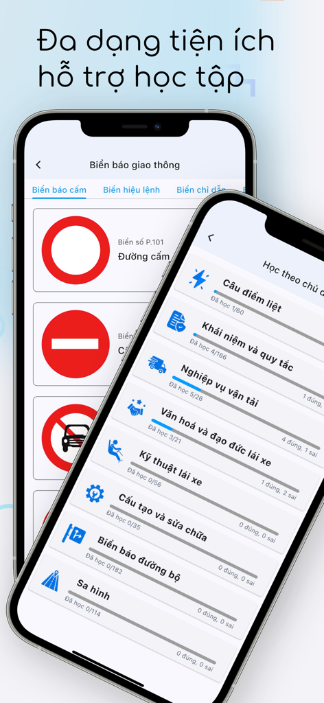 Ôn thi GPLX 2025 - Vietnamese driving license prep app showing traffic signs and study categories
