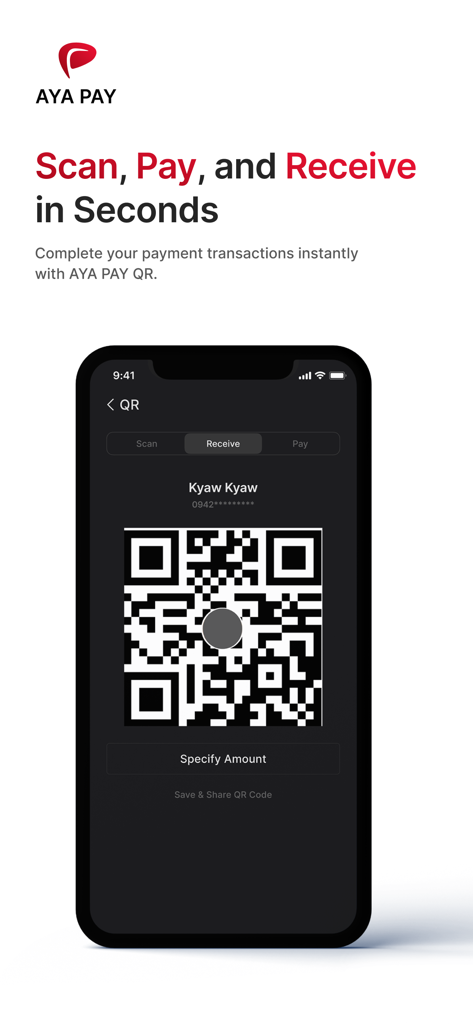AYA PAY Wallet app showing a QR code for instant mobile payments