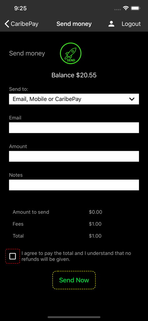 CaribePay app interface for sending money with fields for recipient email amount and notes