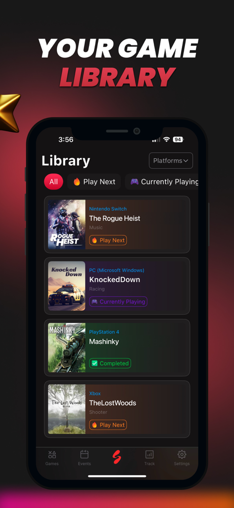 Scarleet Mode - Gamers Realm - Scarleet app game library screen showing a list of tracked games across multiple platforms with status tags like play next and completed