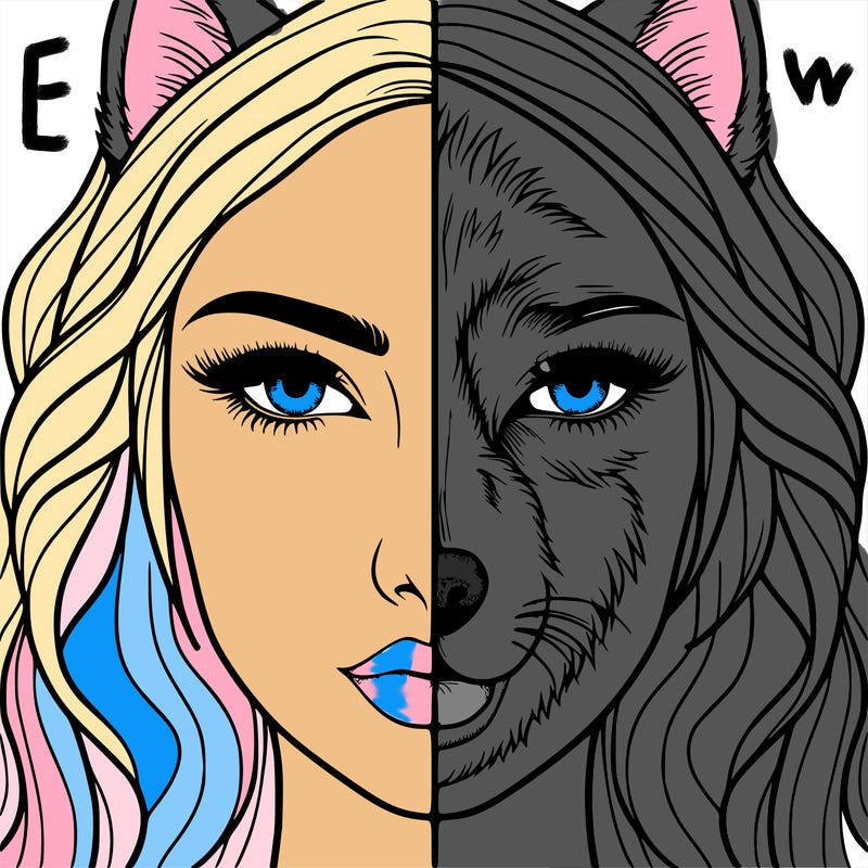 split face realistic woman and wolf