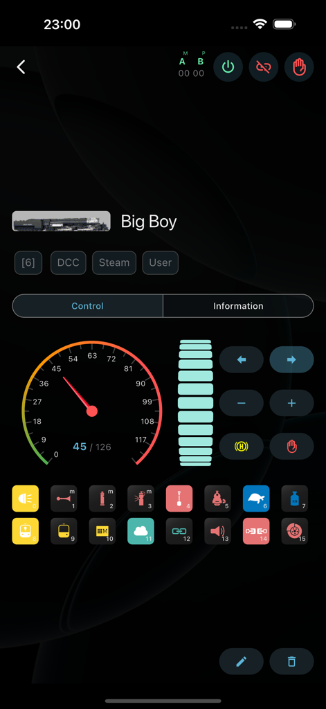 DCC-EX Cab app interface showing digital throttle and controls for Big Boy locomotive