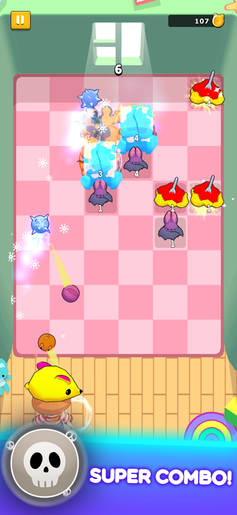 Simba Bounce - Jogabilidade de Simba Bounce mostrando um personagem de gato e bolas quicando em um super combo.