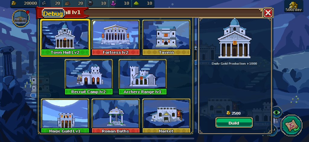 Empires Game - Menú de construcción pixel art en Empires Game mostrando opciones para mejorar estructuras como el ayuntamiento y la fortaleza.