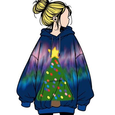 realistic girl with a oversized sweatshirt on and a bun