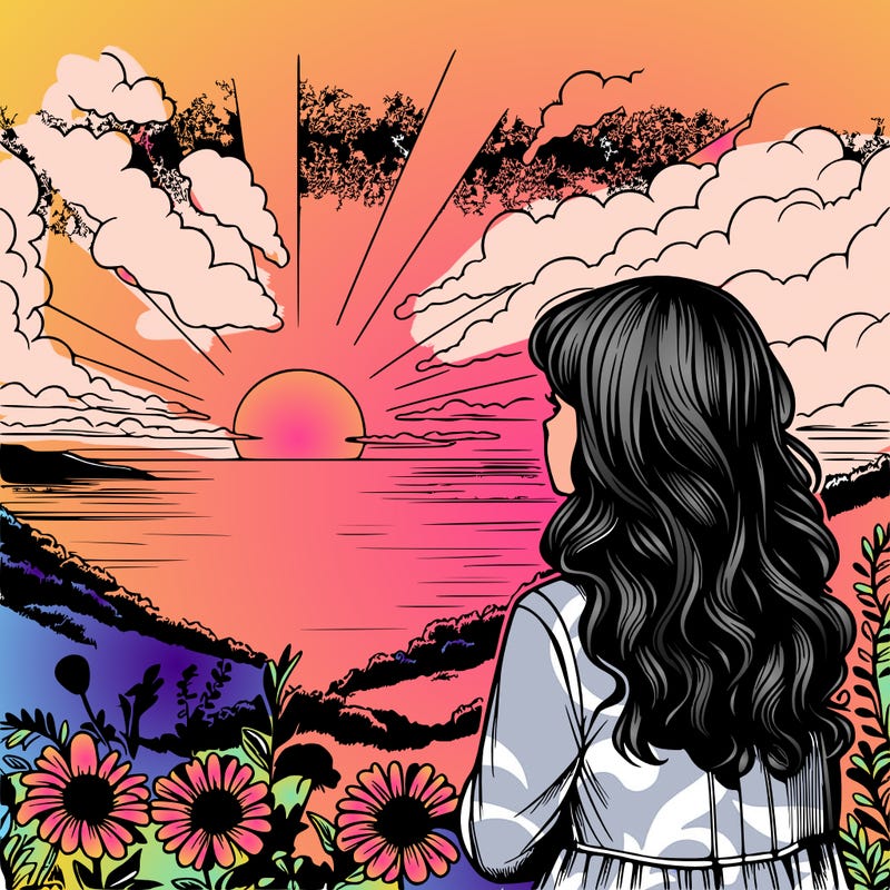 girl watching the sunset realistic