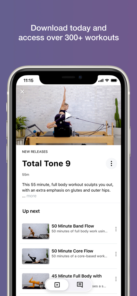 Speir On Demand - The Speir On Demand app displaying a Pilates reformer workout video and a list of upcoming fitness sessions.