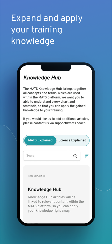 MATS - Training Platform - Interfaz del centro de conocimiento de la plataforma de entrenamiento MATS que muestra artículos de ciencia deportiva y conceptos de entrenamiento