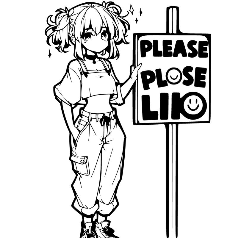 anime girl with crop top baggy jeans next to a sign saying please like smiling
