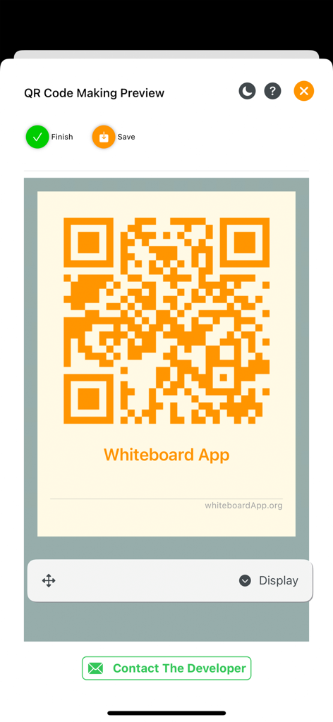 A preview screen showing a generated orange QR code for the Whiteboard App with options to finish or save