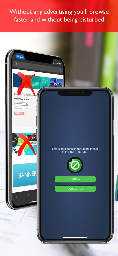Interfaccia dell'app Block Ad Pro che mostra la configurazione dell'estensione Safari e un'anteprima degli annunci bloccati su un sito web.