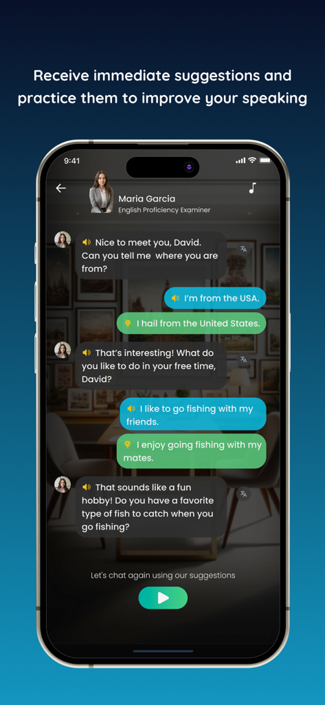 Interfaz de la aplicación 7ESL AI que muestra una sesión de práctica conversacional con un tutor de IA que proporciona sugerencias de habla en tiempo real.