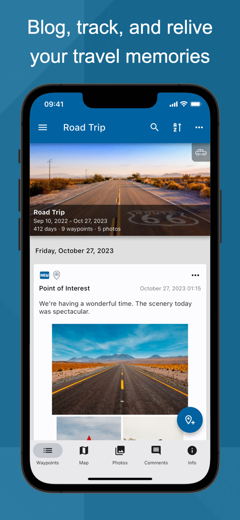 TrackMyTour mobile app interface showing a road trip travel journal with Route 66 photos and waypoints