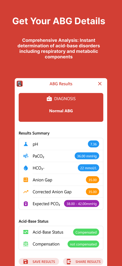 ABG Calculator - ABG Calculator app screen showing medical diagnosis and blood gas results summary