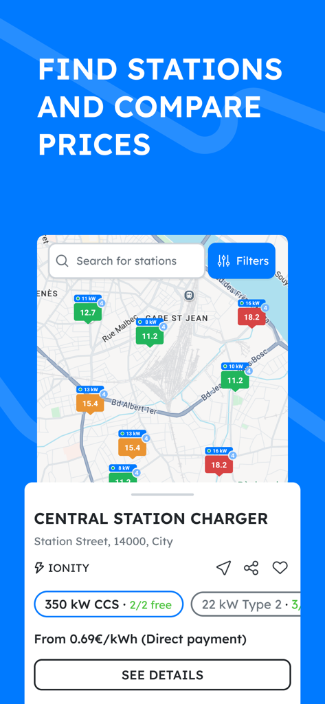 Mobile app interface showing a map with electric vehicle charging stations and price comparisons