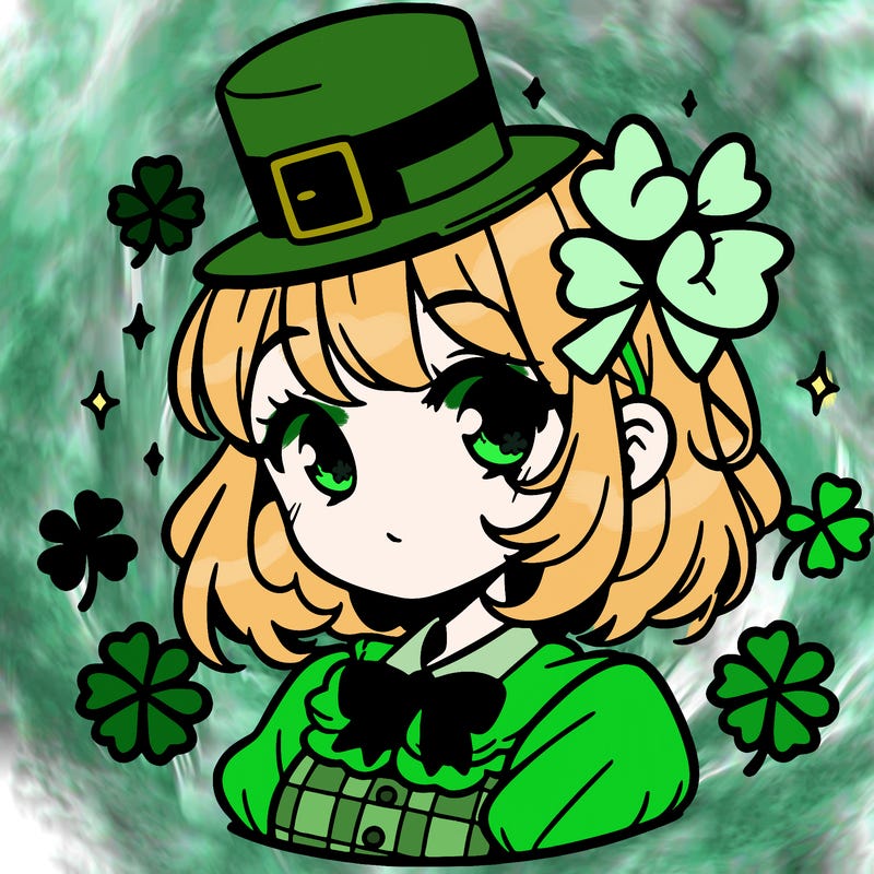 a manga-style girl with clovers around her, a little hat in her hair, like it's saint patrick's day