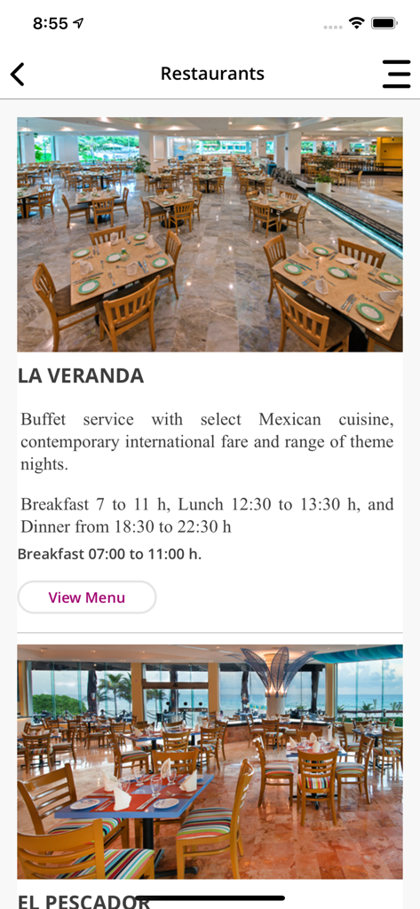 Park Royal Hotels & Resorts - A screen from the Park Royal Hotels and Resorts app showing details and menus for onsite restaurants like La Veranda.