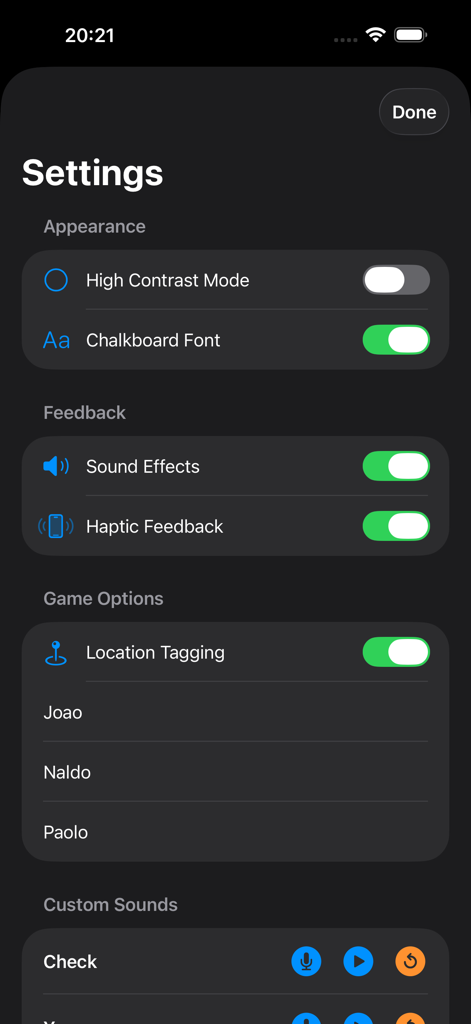 Cricket Darts Chalkboard settings screen showing customization options for appearance and sound