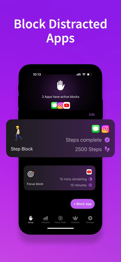 StepBloc: Screen Time Blocker - StepBloc app interface showing active app blocks for Instagram and YouTube requiring steps and focus time
