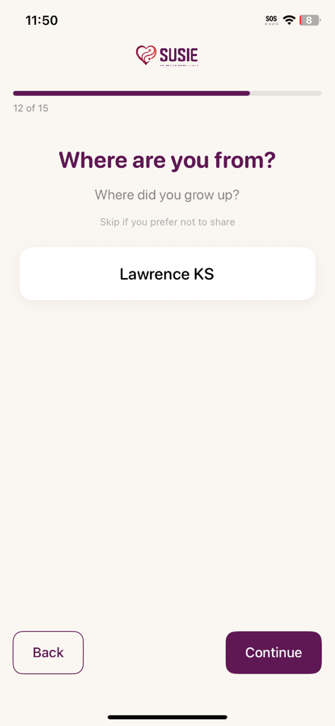 Susie Dating App - Onboarding screen of the Susie dating app asking for the user's hometown location.