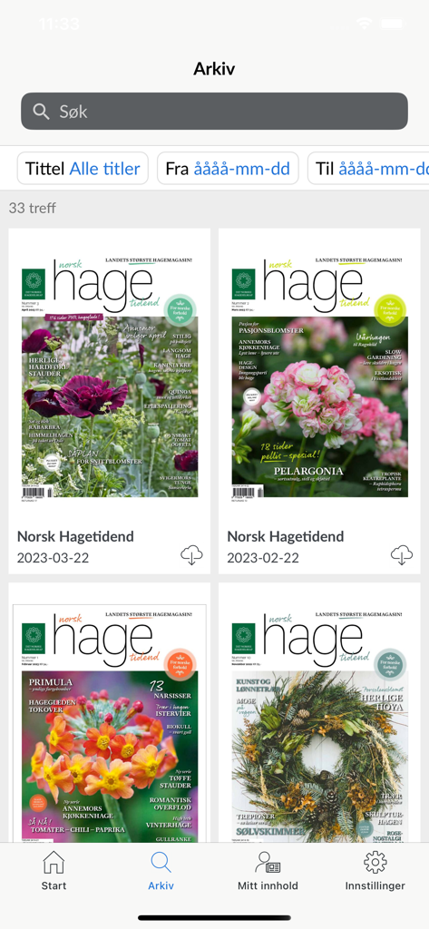 Hagetidend - Digital archive of Norsk Hagetidend gardening magazine showing various back issues and a search bar.