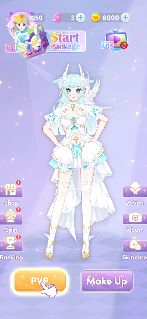 Magic Fashion: Doll Dressup - Main menu of Magic Fashion Doll Dressup game featuring an anime character in a white dress and buttons for PVP and makeup