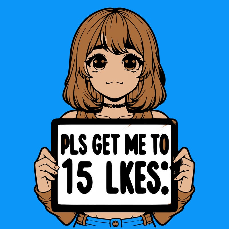 realistic girl holding up a sign that says “pls get me to 15 likes!”