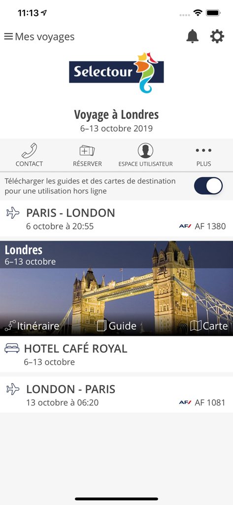 Guide de voyages SELECTOUR - Selectour App-Oberfläche, die einen Reiseplan für eine Reise nach London mit Flug- und Hoteldetails anzeigt