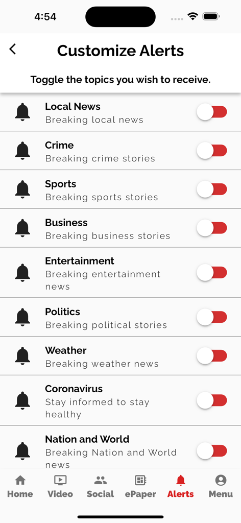 Pantalla Personalizar Alertas en la aplicación Las Vegas Review-Journal que muestra interruptores de notificación para varias categorías de noticias como Noticias Locales, Crimen y Deportes.