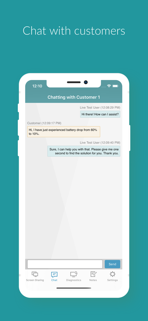 Live chat interface in the GoToAssist Remote Support app showing a technical support session with a customer.