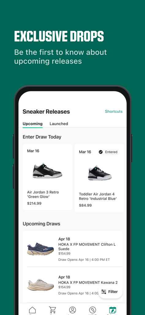 DICK'S Sporting Goods app interface showing upcoming sneaker releases and exclusive drop draws