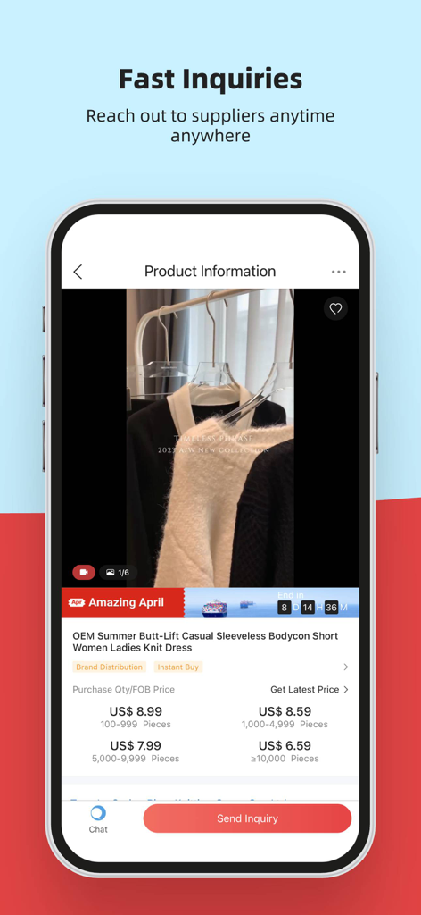 Made-in-China.com Lite app interface displaying wholesale product details and a send inquiry button for global sourcing.