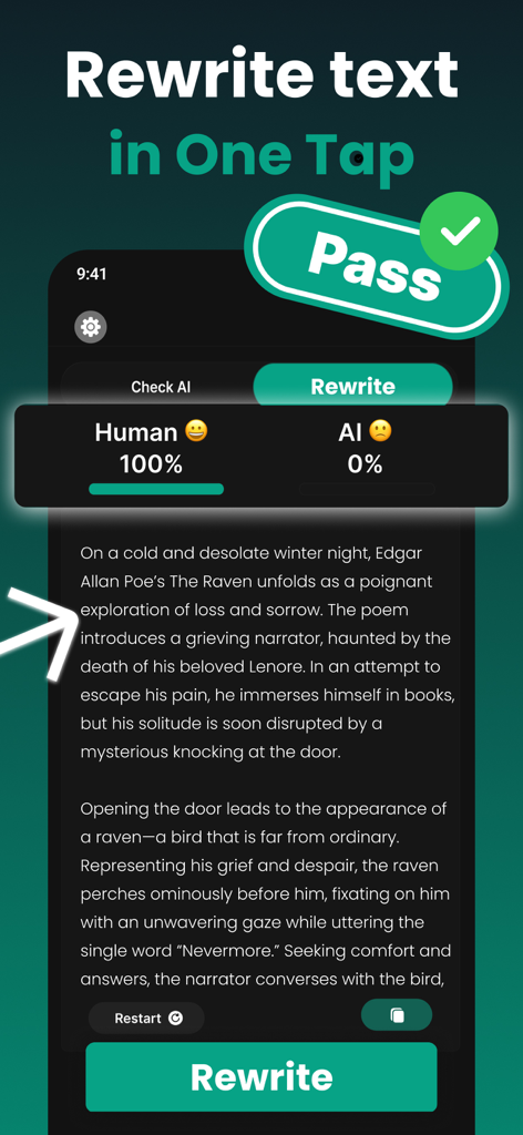 AI Detector - Undetectable AI - Smartphone screen displaying the rewrite feature of an AI detector app showing a one hundred percent human score