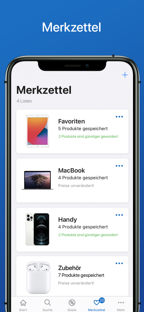 Mobile app wishlist screen showing organized categories and notifications for price reductions.