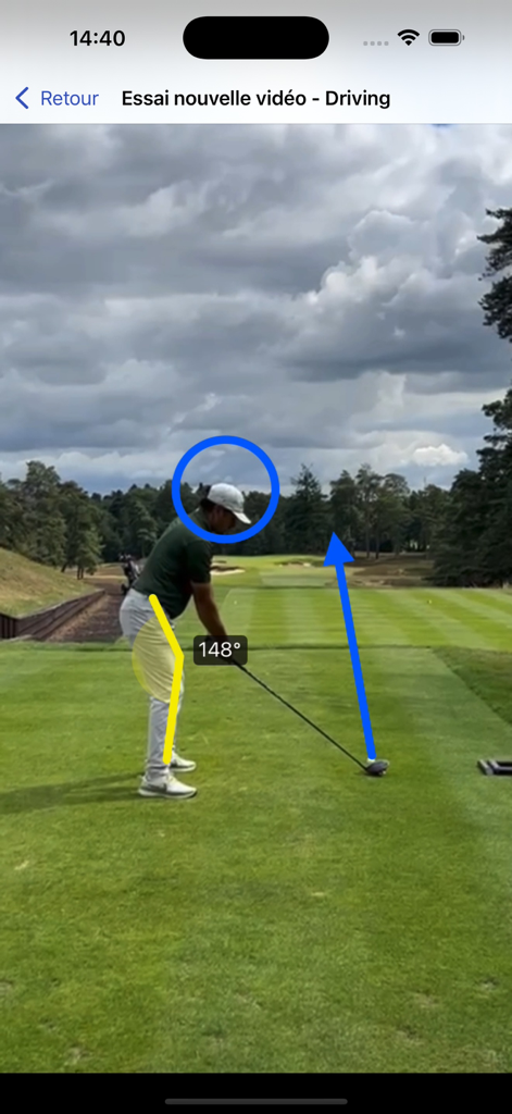 Golf swing video analysis in the Swing 360 app showing posture angles and visual annotations on a golfer at a driving range.