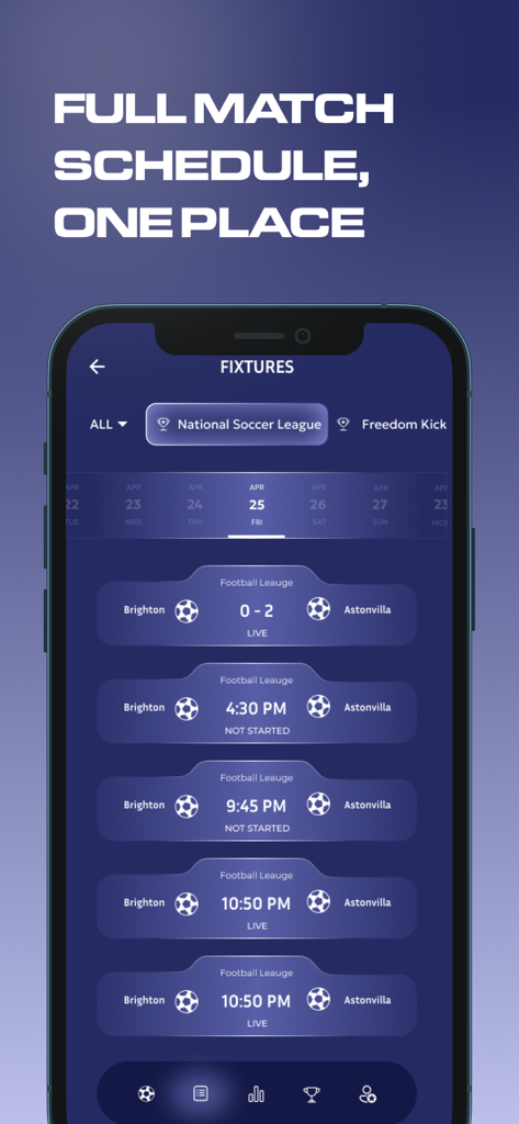 Interfaccia dell'app mobile Score808 che mostra un calendario delle partite di calcio e i punteggi live