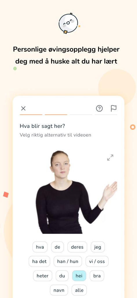 Toleio 앱 내 노르웨이 수어 학습 연습에서 수화를 시연하는 여성