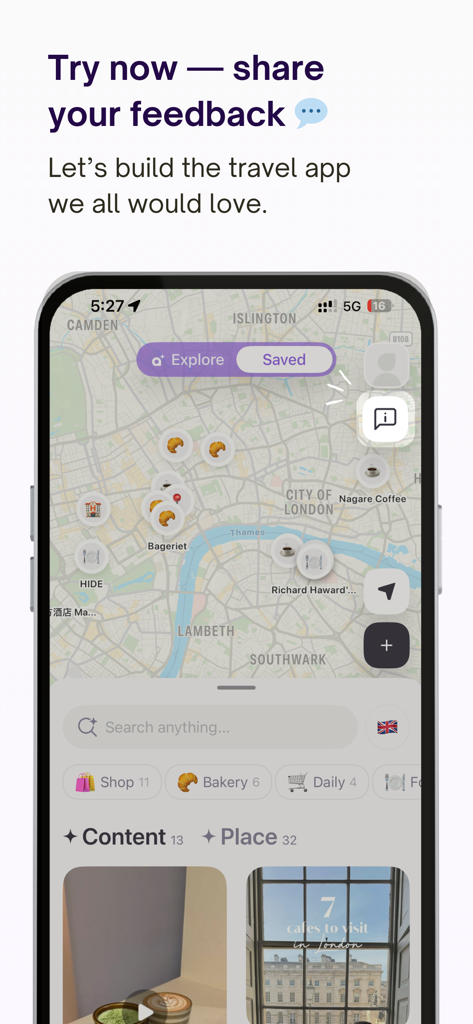 A mobile app interface showing a map of London with pins for saved bakeries and cafes and a feedback request message.