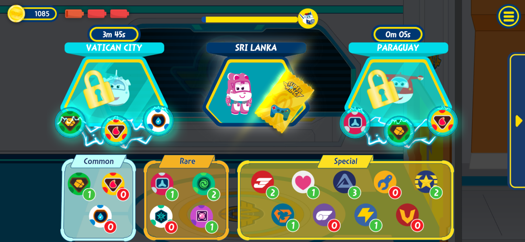 Pantalla de selección de misiones y recolección de recompensas en la aplicación Super Wings Mission Challenge.