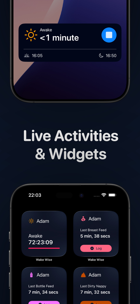 Baby Sleep Tracker Wake Wise - Wake Wise app showing iOS live activities and home screen widgets for tracking baby sleep feeding and diaper changes